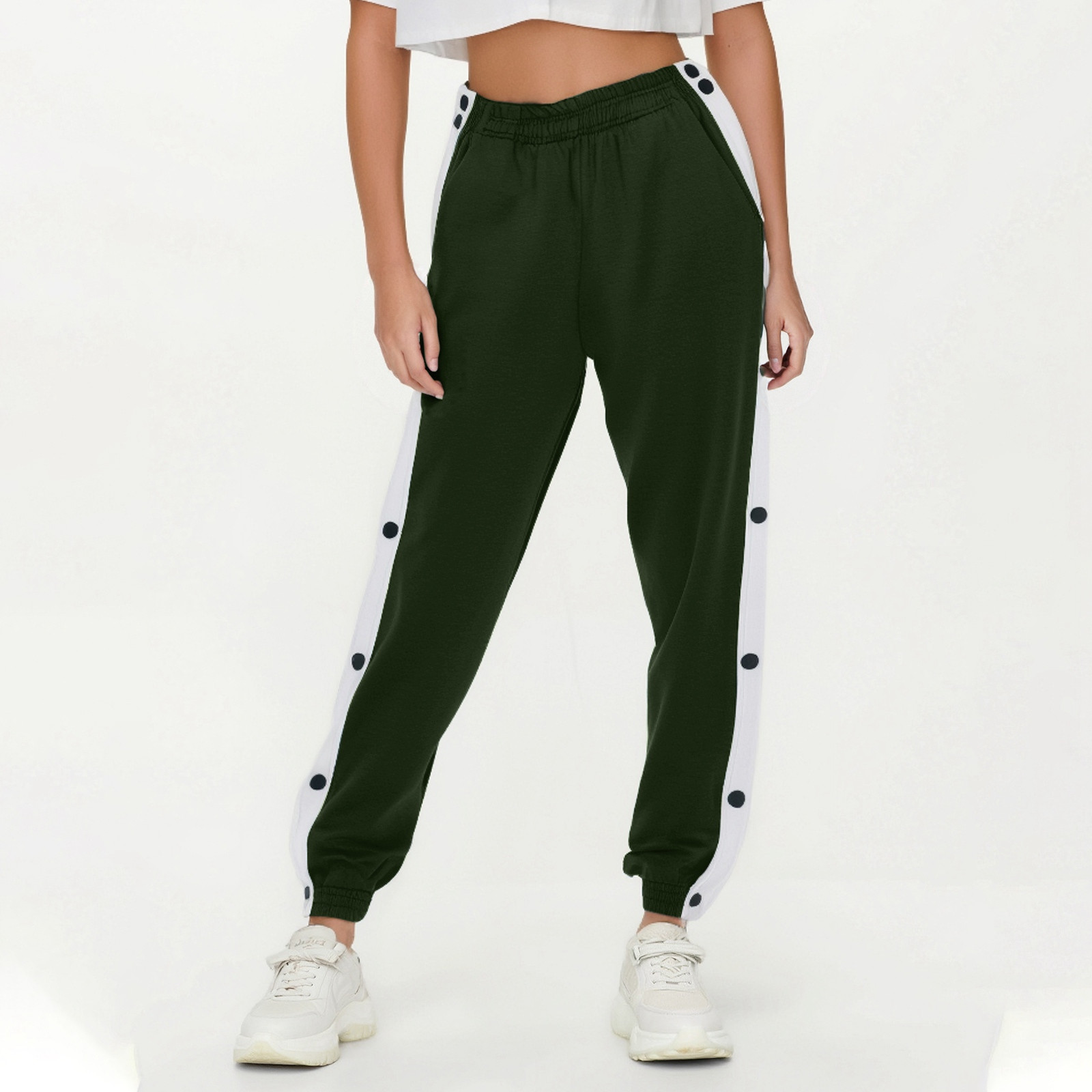 thumbnail image 2 of Pantalones deportivos casuales con puños abotonados para mujer: corte holgado, diseño con botones, ideales para hacer ejercicio o estar por casa. Tallas: S-XL., 2 of 8